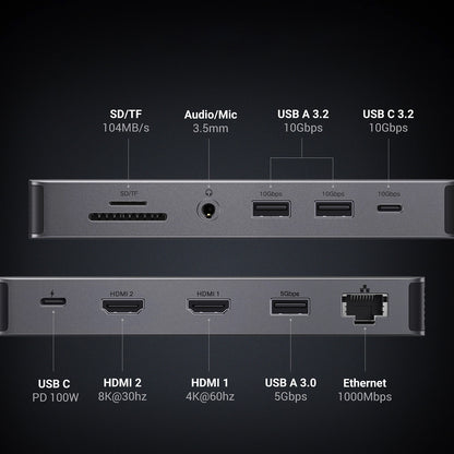 Hub USB-C UGREEN Revodok Pro 313 CM681, 2 x USB-A 3.2 - 1 x USB-A 3.0 - 2 x USB-C - 2 x HDMI - 1 x Klinkenstecker 3,5mm - 1 x RJ45 - 1 x SD - 1 x microSD, Grau