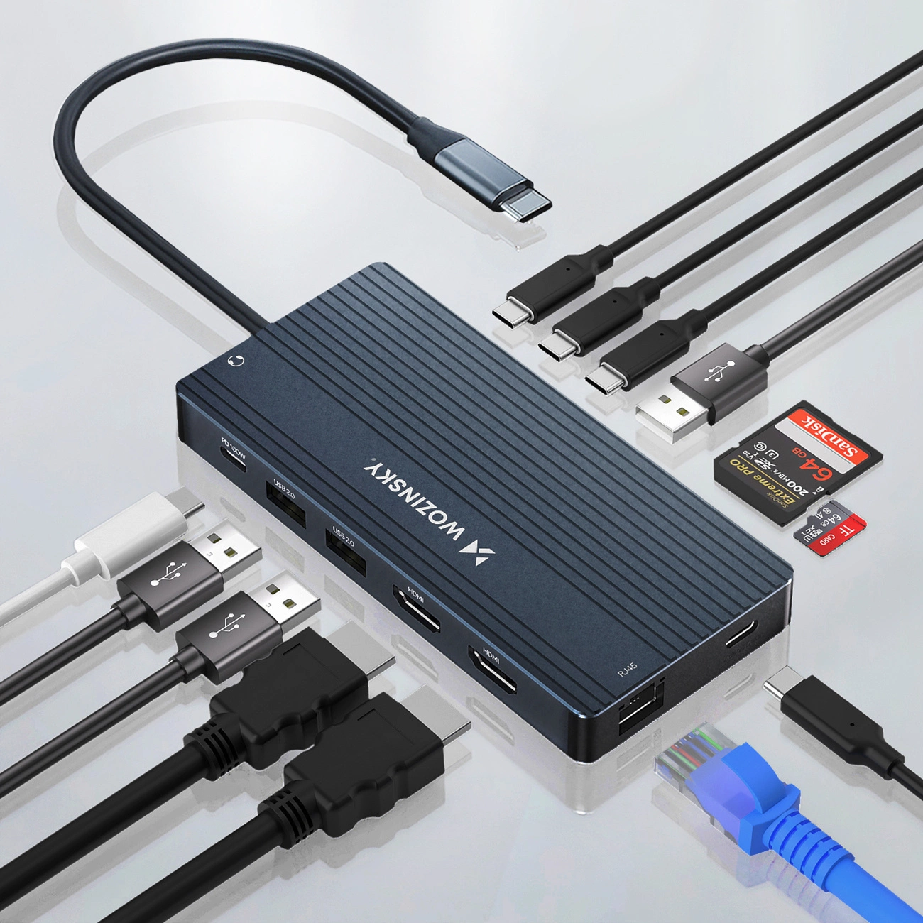 USB-C Hub WZK WDS03Y5S, 1 x USB-A 3.1 - 2 x USB-A - 5 x USB-C - 2 x HDMI - 1 x 3,5mm Klinkenstecker - 1 x RJ45 - 1 x SD - 1 x microSD, Grau