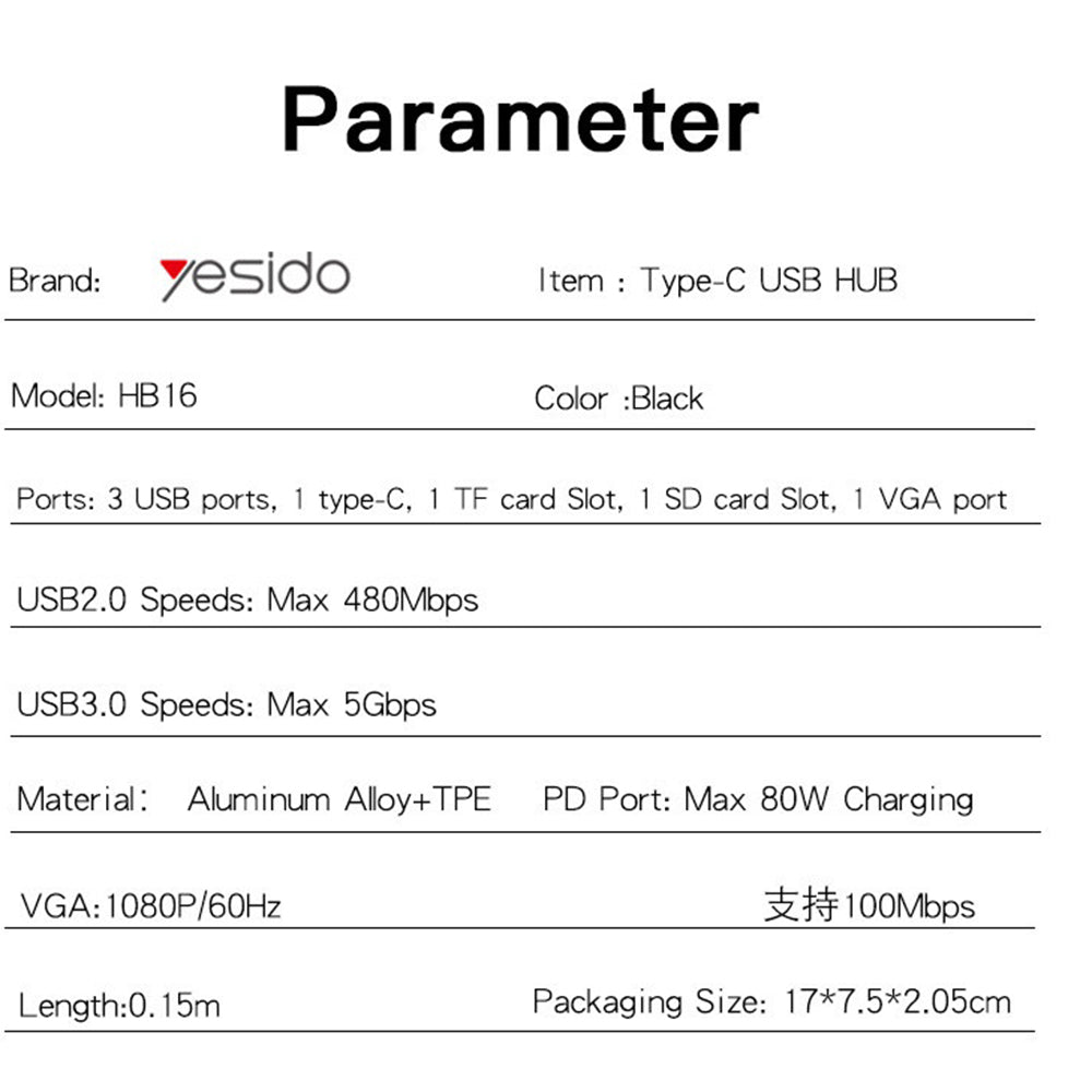 USB-C Hub Yesido HB16, 7in1, Grau