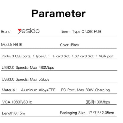 USB-C Hub Yesido HB16, 7in1, Grau