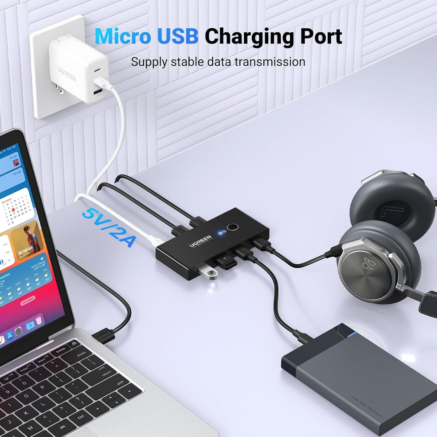 USB-Hub UGREEN US216 Zwei Sharing Switch Box, 4 x USB-A, Schwarz 