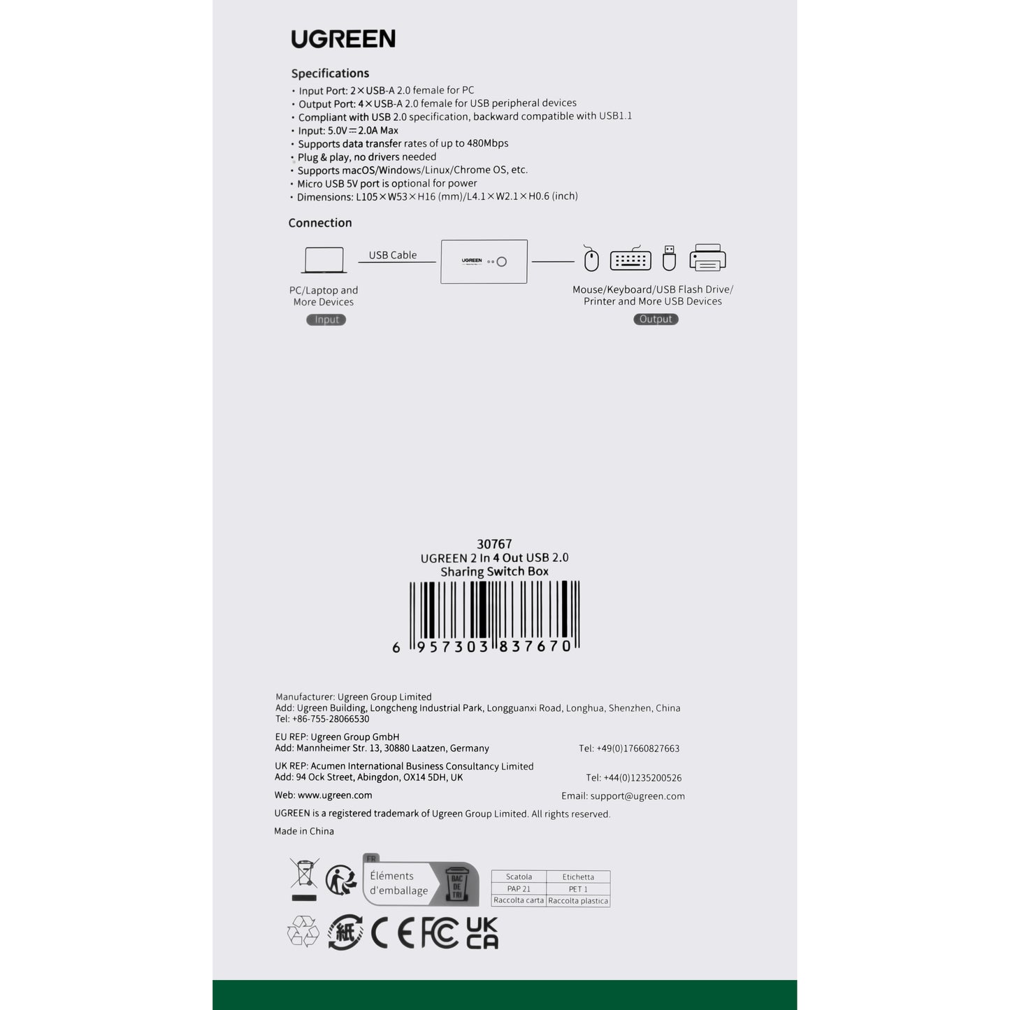 USB-Hub UGREEN US216 Zwei Sharing Switch Box, 4 x USB-A, Schwarz 