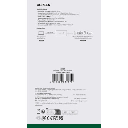 USB-Hub UGREEN US216 Zwei Sharing Switch Box, 4 x USB-A, Schwarz 