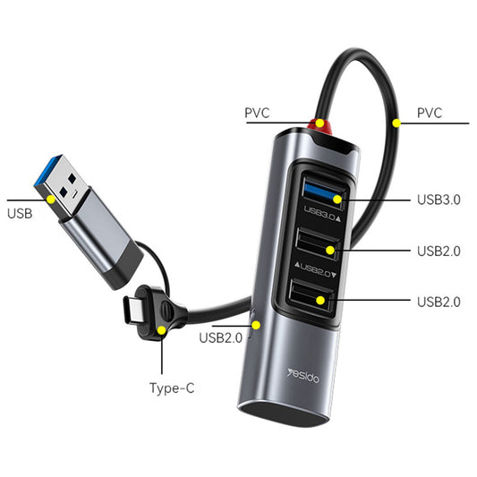 USB / USB-C Hub Yesido HB19, 4in1, Grau