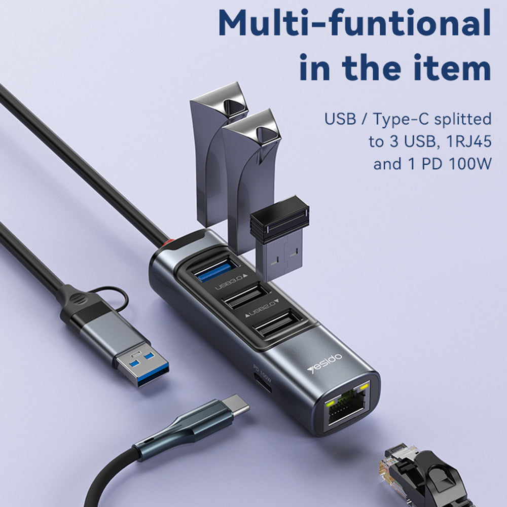 USB / USB-C Hub Yesido HB21, 5in1, Grau