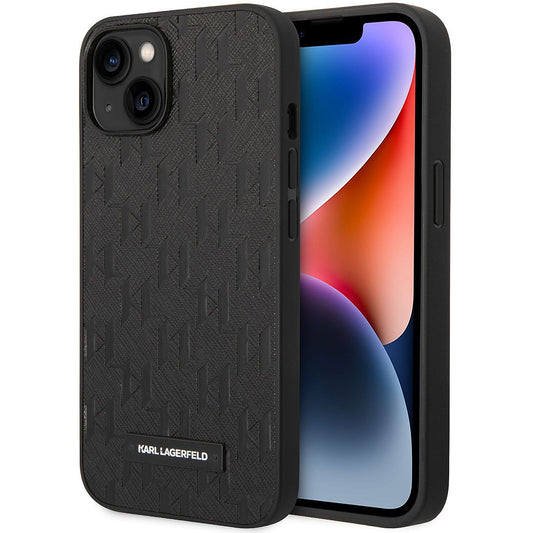 Hülle für Apple iPhone 14 Plus, Karl Lagerfeld, Saffiano Monogram Metall-Logo, Schwarz