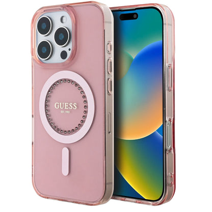 MagSafe Case for Apple iPhone 16 Pro Max, Guess, IML Rhinestones Ring, Pink GUHMP16XPFTDTEP