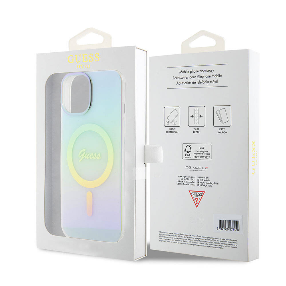 MagSafe Hülle für Apple iPhone 15, Guess, IML Iridescent, Türkis