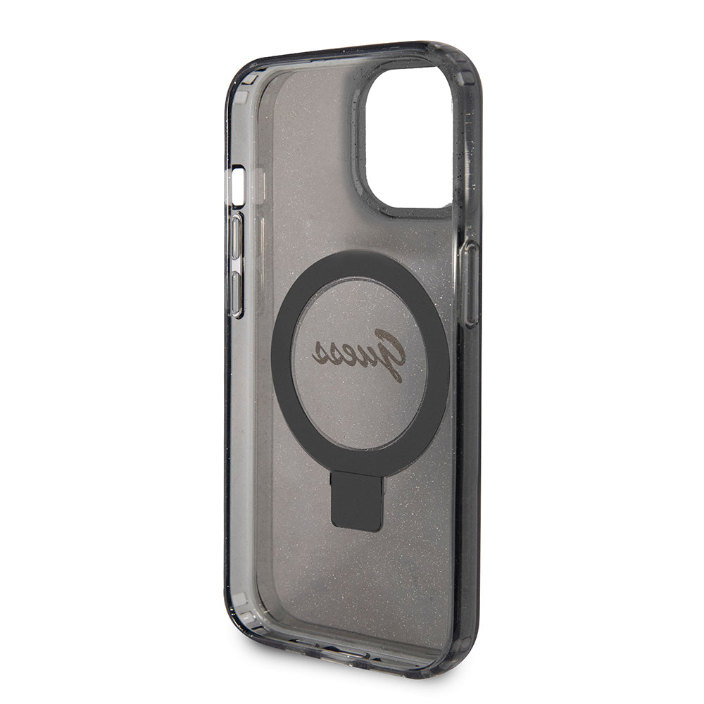 MagSafe Hülle für Apple iPhone 15, Guess, Ring Stand Script Glitter, Schwarz