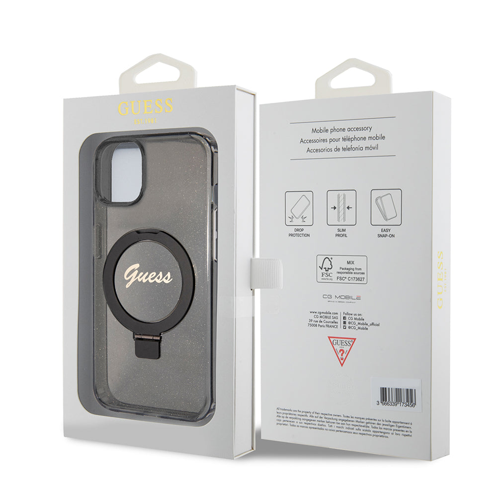 MagSafe Hülle für Apple iPhone 15, Guess, Ring Stand Script Glitter, Schwarz