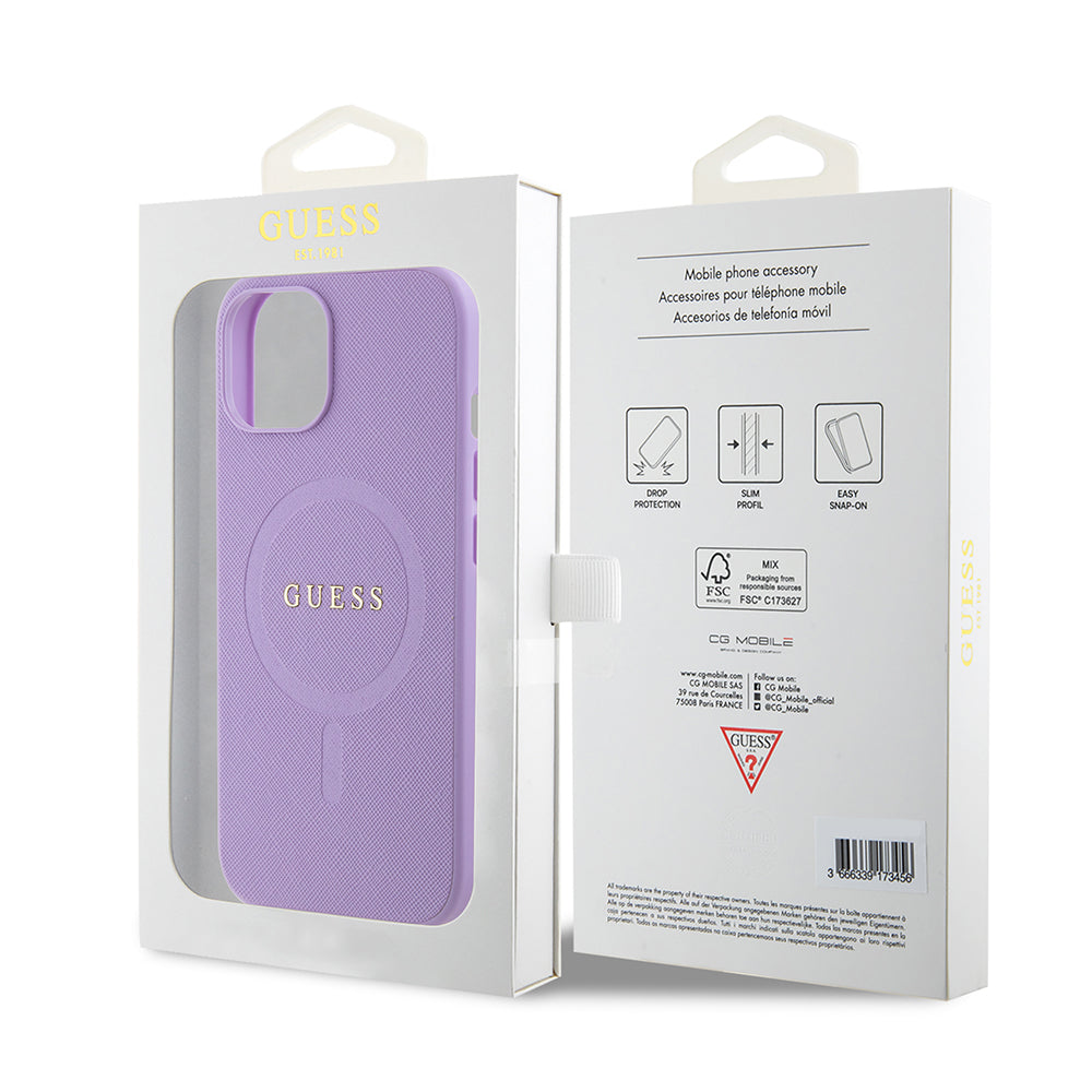 MagSafe Hülle für Apple iPhone 15, Guess, Saffiano, Lila