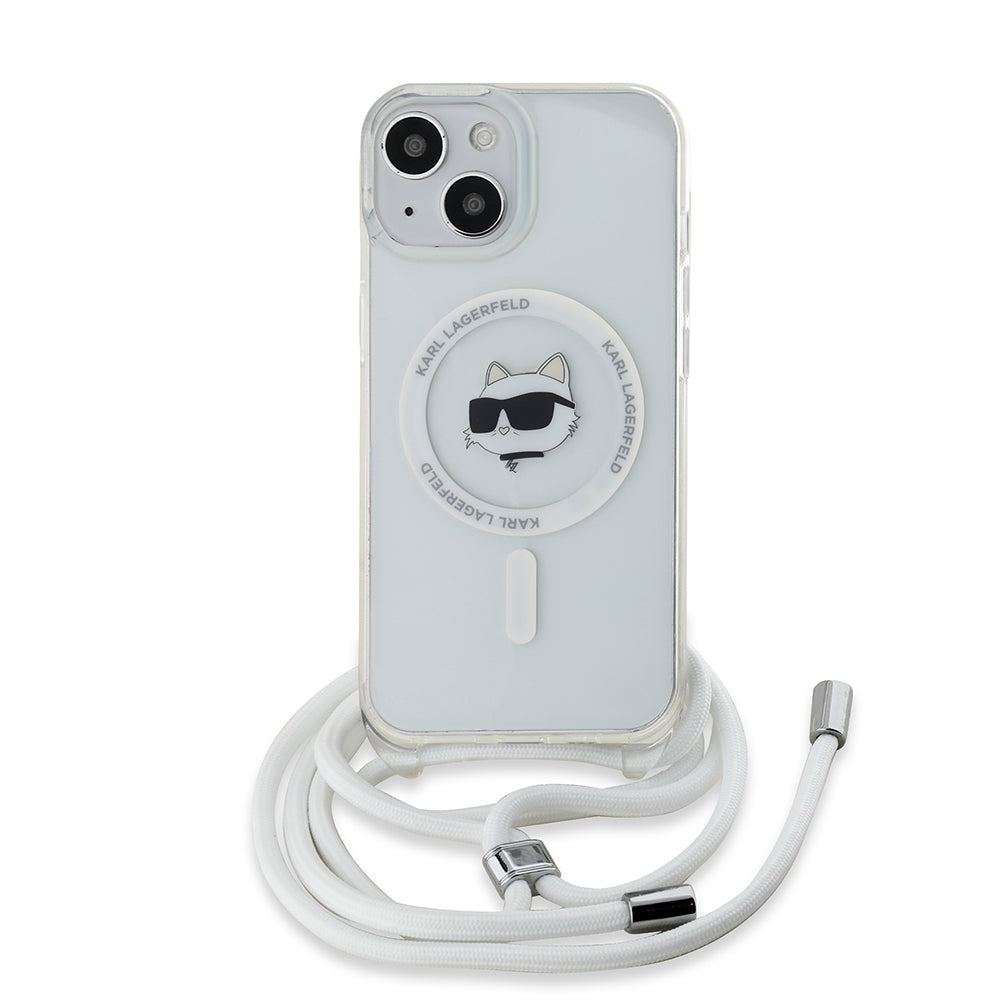 MagSafe Hülle für Apple iPhone 15, Karl Lagerfeld, IML Crossbody Choupette's Head mit Trageriemen, Transparent