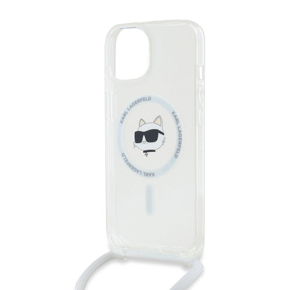 MagSafe Hülle für Apple iPhone 15, Karl Lagerfeld, IML Crossbody Choupette's Head mit Trageriemen, Transparent