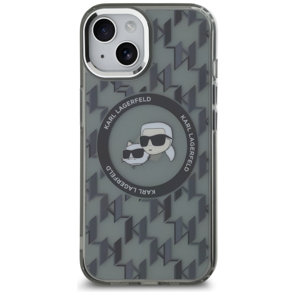 MagSafe Hülle für Apple iPhone 15, Karl Lagerfeld, IML Monogramm Karl & Choupette's Köpfe, Schwarz