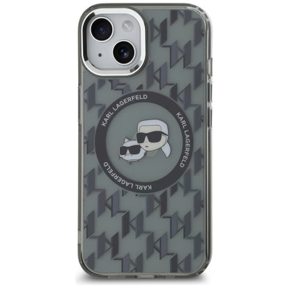 MagSafe Hülle für Apple iPhone 15, Karl Lagerfeld, IML Monogramm Karl & Choupette's Köpfe, Schwarz