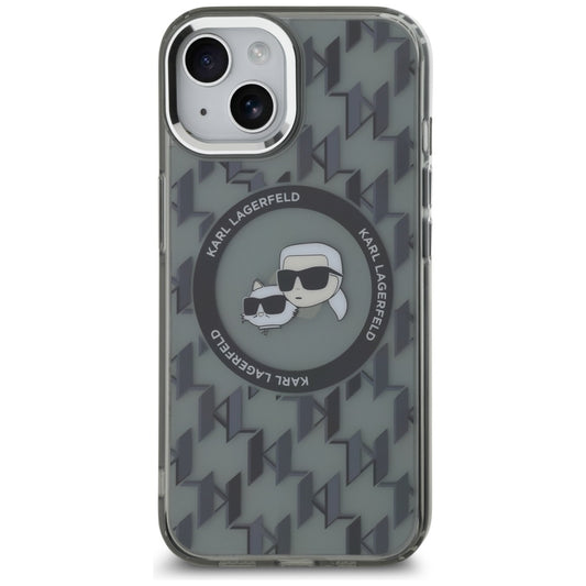 MagSafe Hülle für Apple iPhone 15, Karl Lagerfeld, IML Monogramm Karl & Choupette's Köpfe, Schwarz