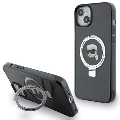 MagSafe Case for Apple iPhone 15, Karl Lagerfeld, Ring Stand Karl's Head, Black
