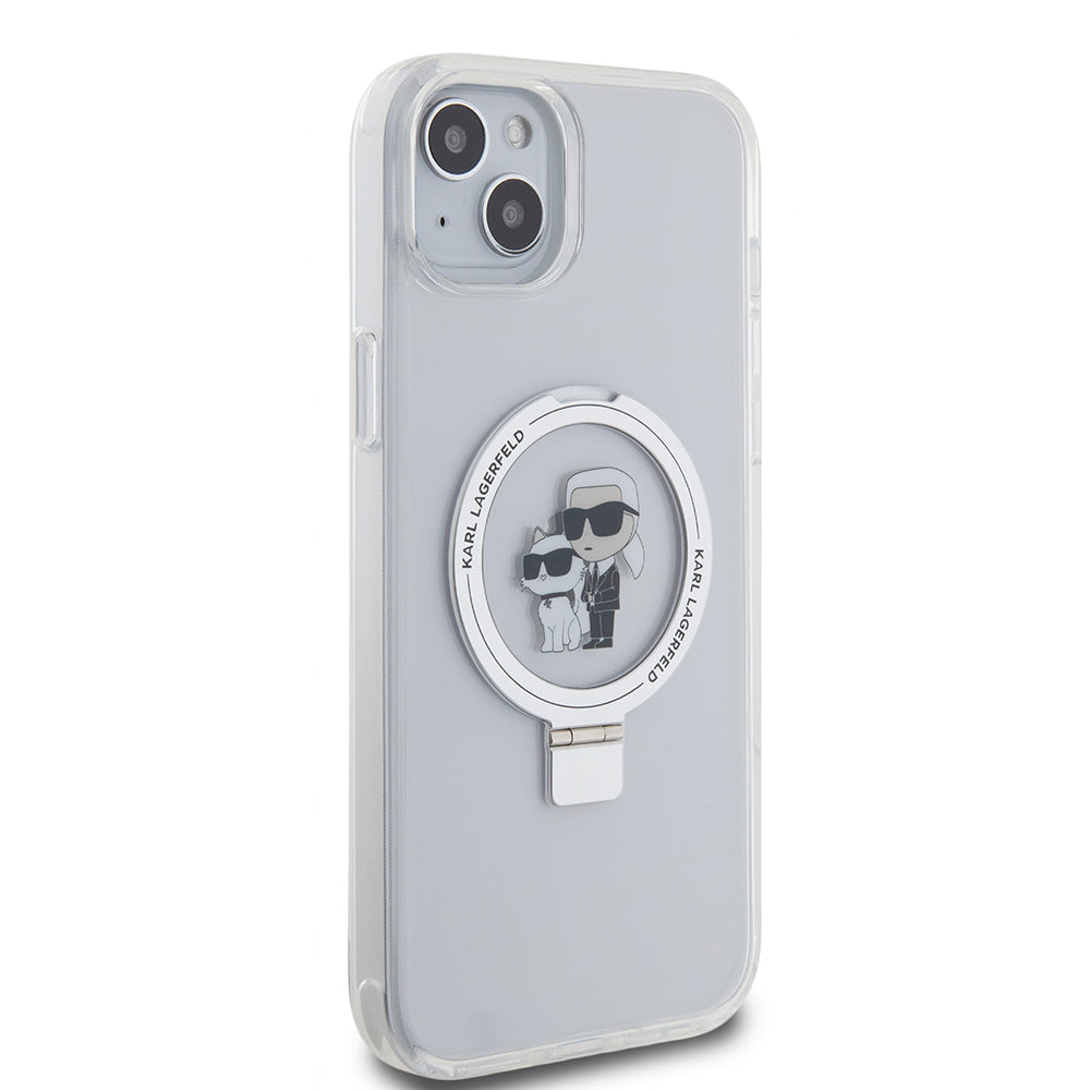 MagSafe Case for Apple iPhone 15 Plus, Karl Lagerfeld, Ringstand Karl and Choupette, White