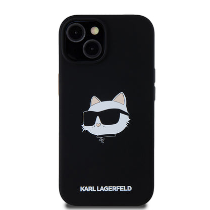 MagSafe Hülle für Apple iPhone 15, Karl Lagerfeld, Silikon Choupette's Head, Schwarz