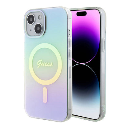 MagSafe Hülle für Apple iPhone 15 Plus, Guess, IML Iridescent, Türkis