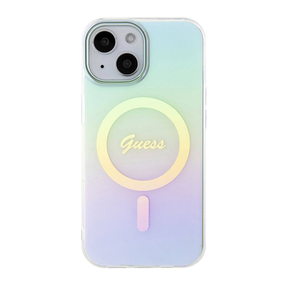 MagSafe Hülle für Apple iPhone 15 Plus, Guess, IML Iridescent, Türkis