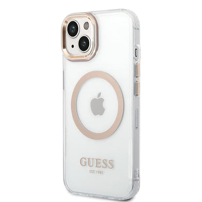 MagSafe Case for Apple iPhone 15 Plus, Guess, Metal Outline, Gold