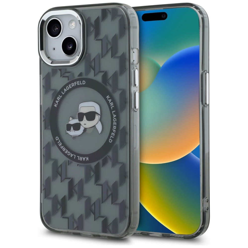 MagSafe Hülle für Apple iPhone 15 Plus, Karl Lagerfeld, IML Monogramm Karl & Choupette's Köpfe, Schwarz