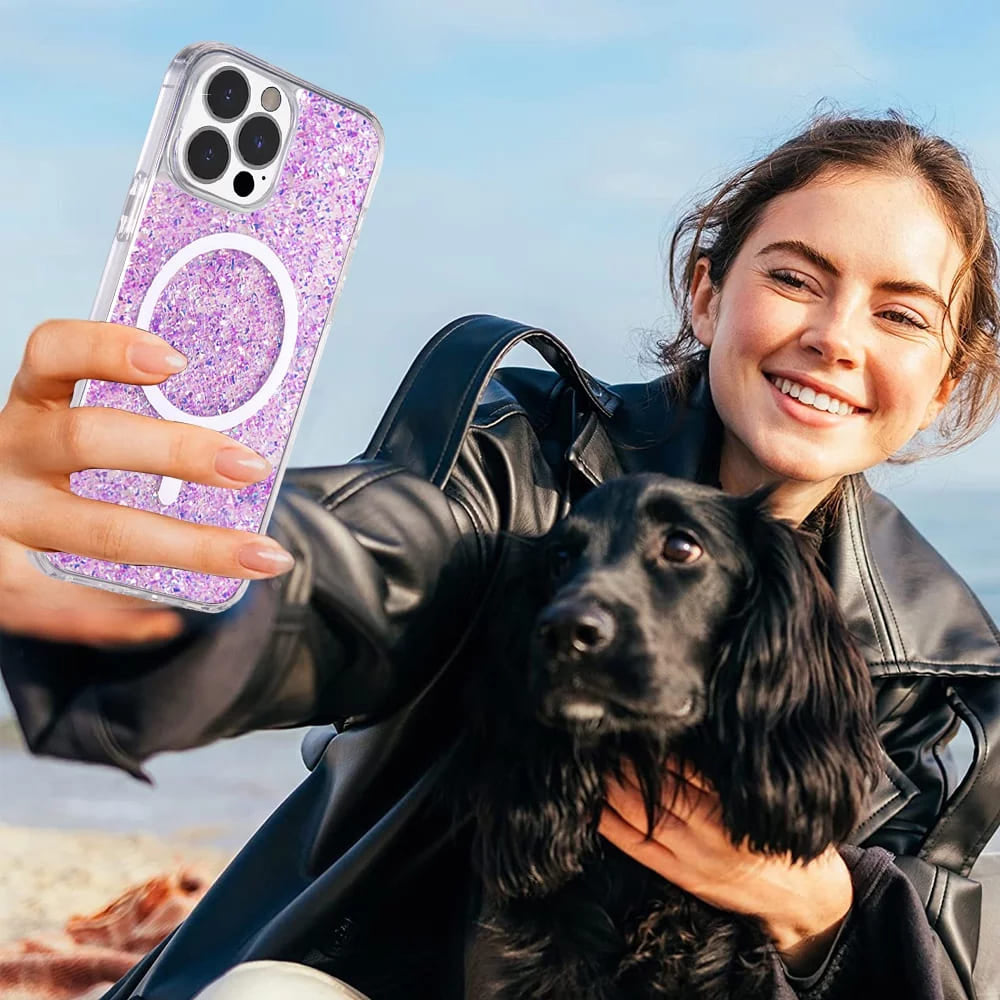 MagSafe Case for Apple iPhone 15 Plus, Techsuit, Sparkly Glitter, Magenta
