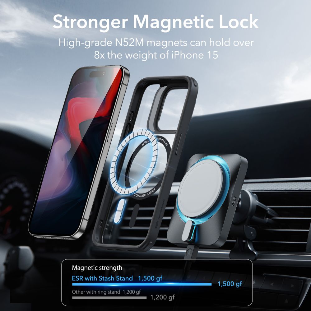 MagSafe Case for Apple iPhone 15 Pro, ESR, Classic Hybrid Kickstand, Transparent Black
