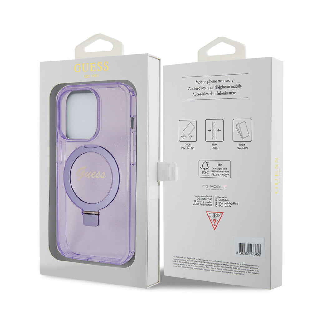 MagSafe Case for Apple iPhone 15 Pro, Guess, IML Ring Stand Glitter, Purple
