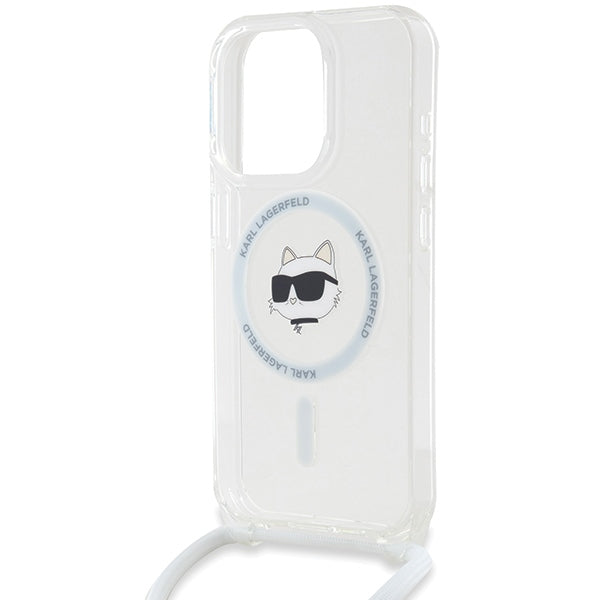 MagSafe Hülle für Apple iPhone 15 Pro, Karl Lagerfeld, IML Crossbody Choupette's Head mit Trageriemen, Transparent