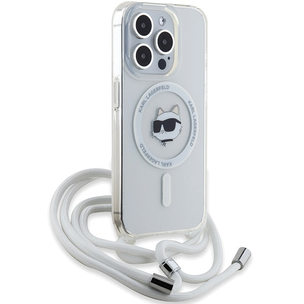 MagSafe Hülle für Apple iPhone 15 Pro, Karl Lagerfeld, IML Crossbody Choupette's Head mit Trageriemen, Transparent