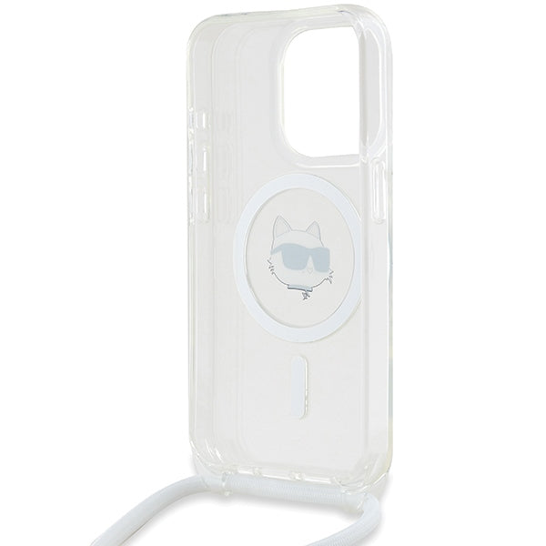 MagSafe Hülle für Apple iPhone 15 Pro, Karl Lagerfeld, IML Crossbody Choupette's Head mit Trageriemen, Transparent