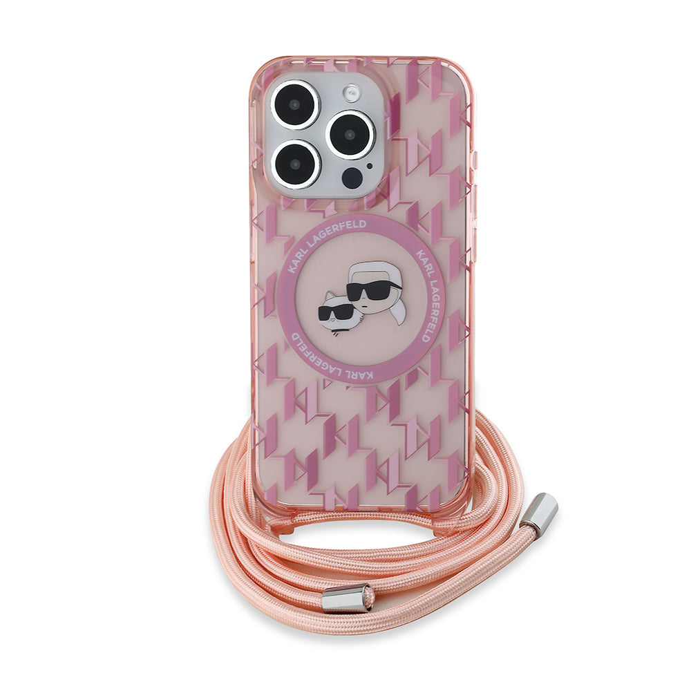 MagSafe Hülle für Apple iPhone 15 Pro, Karl Lagerfeld, IML Crossbody Monogram Karl & Choupette's Heads, Rosa
