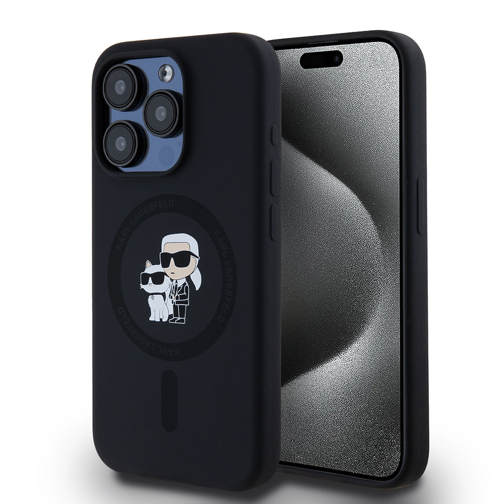 MagSafe Case for Apple iPhone 15 Pro, Karl Lagerfeld, Karl & Choupette Silicone, Black