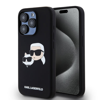MagSafe Hülle für Apple iPhone 15 Pro, Karl Lagerfeld, Silikon Karl & Choupette's Köpfe, Schwarz