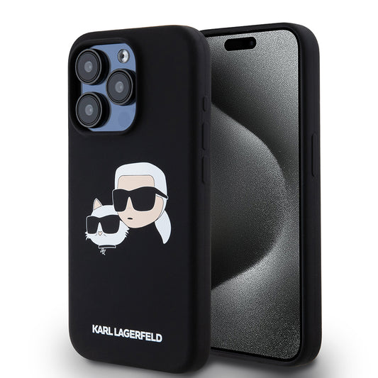 MagSafe Hülle für Apple iPhone 15 Pro, Karl Lagerfeld, Silikon Karl & Choupette's Köpfe, Schwarz