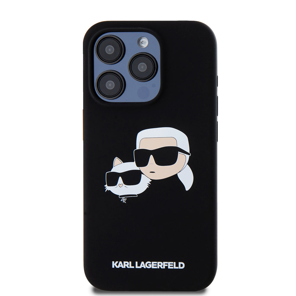 MagSafe Hülle für Apple iPhone 15 Pro, Karl Lagerfeld, Silikon Karl & Choupette's Köpfe, Schwarz