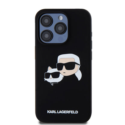 MagSafe Hülle für Apple iPhone 15 Pro, Karl Lagerfeld, Silikon Karl & Choupette's Köpfe, Schwarz