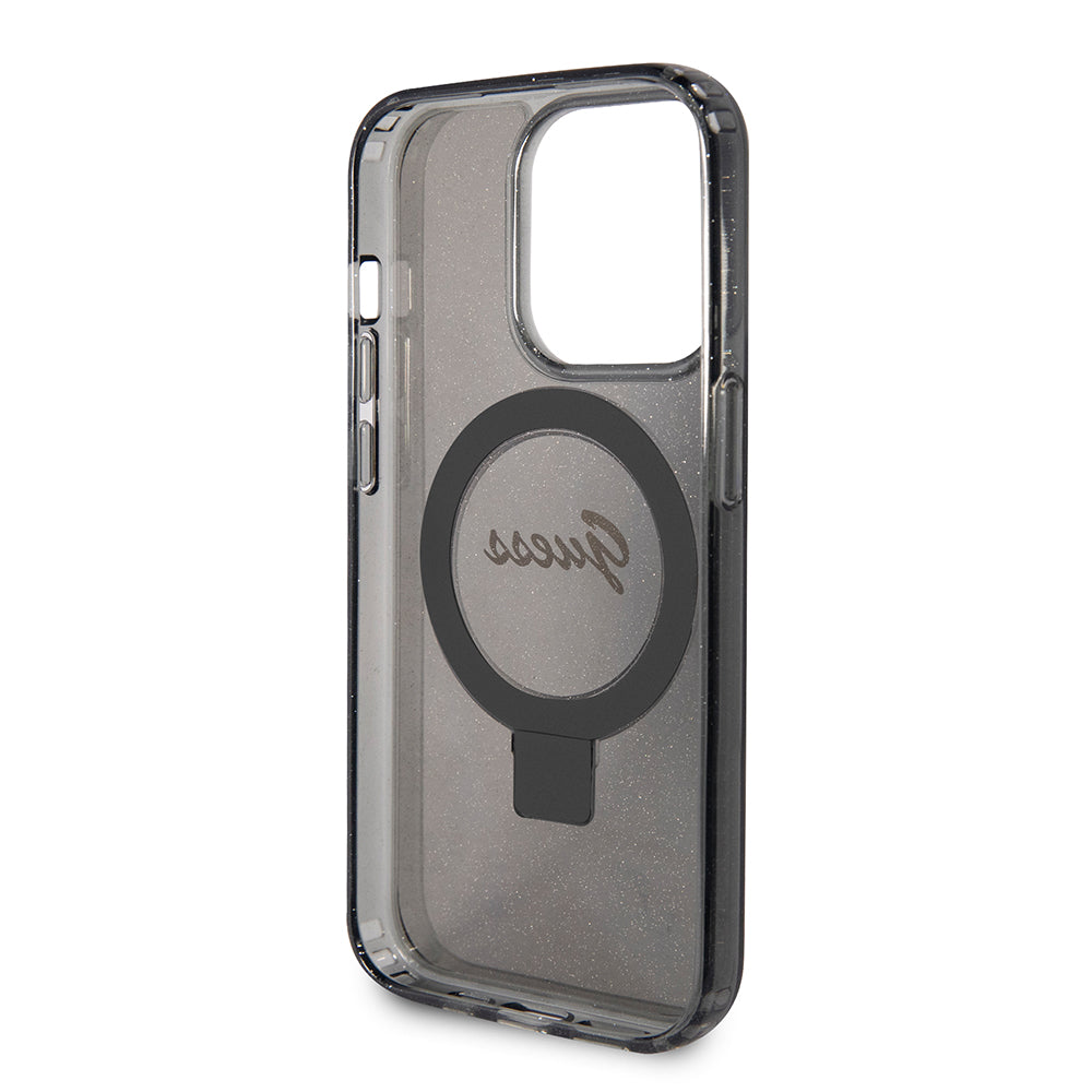 MagSafe Hülle für Apple iPhone 15 Pro Max, Guess, IML Ring Stand Glitter, Schwarz