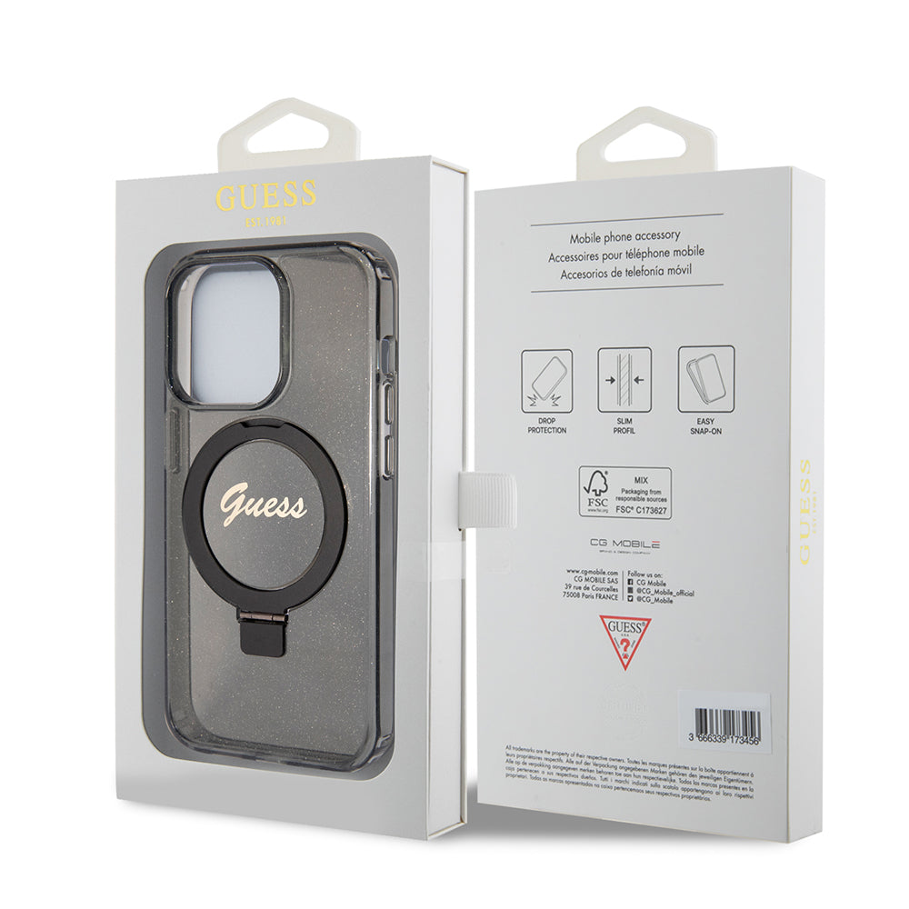 MagSafe Hülle für Apple iPhone 15 Pro Max, Guess, IML Ring Stand Glitter, Schwarz