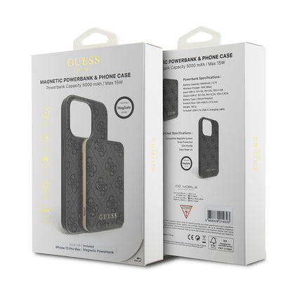 MagSafe Hülle für Apple iPhone 15 Pro Max, Guess, Powerbank 4G Metal Logo, Schwarz
