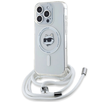 MagSafe Hülle für Apple iPhone 15 Pro Max, Karl Lagerfeld, IML Crossbody Choupette's Head with Strap, Transparent