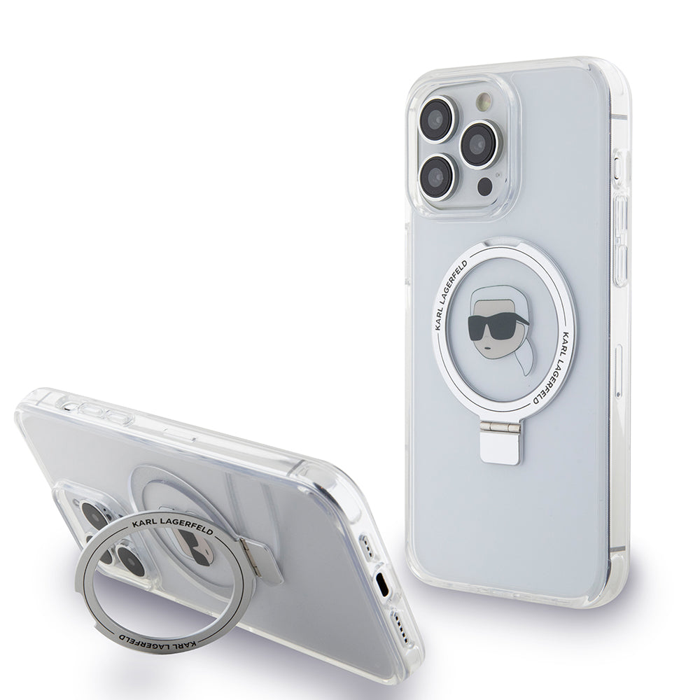 MagSafe Hülle für Apple iPhone 15 Pro Max, Karl Lagerfeld, Ring Stand Karl's Head, Weiß