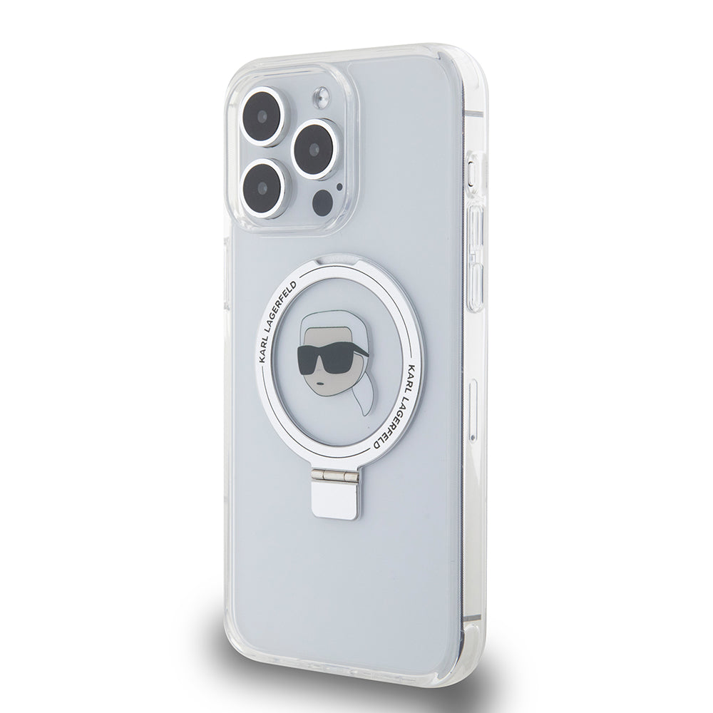 MagSafe Hülle für Apple iPhone 15 Pro Max, Karl Lagerfeld, Ring Stand Karl's Head, Weiß