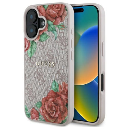 MagSafe Case for Apple iPhone 16, Guess, 4G Flowers Print, Pink