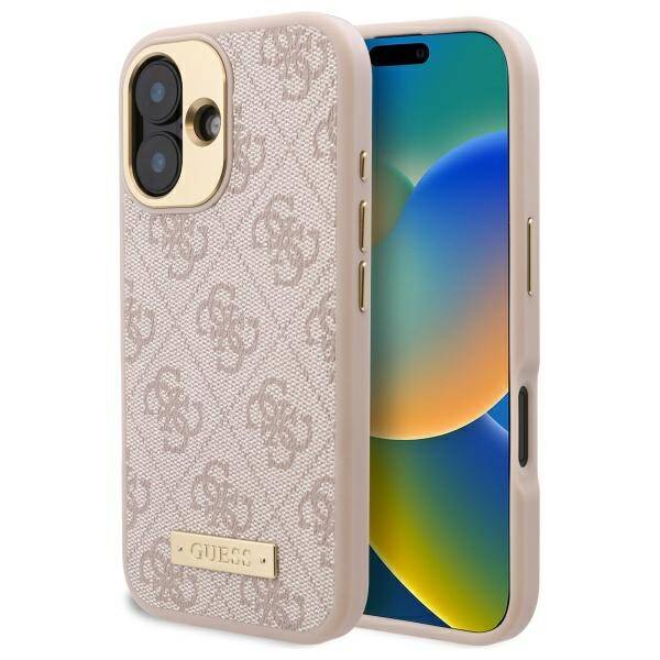 MagSafe Hülle für Apple iPhone 16, Guess, 4G Logo Plate, Rosa