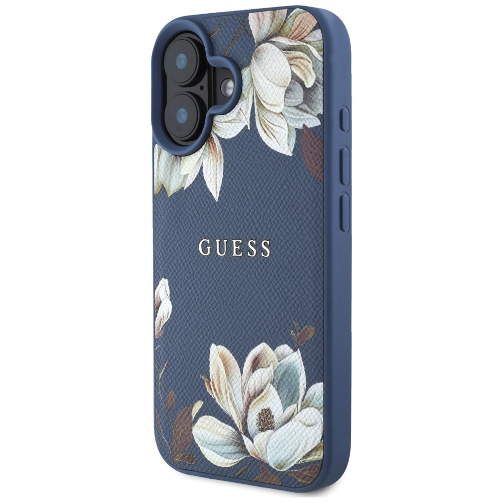 MagSafe Case for Apple iPhone 16, Guess, Grained Flowers, Blue