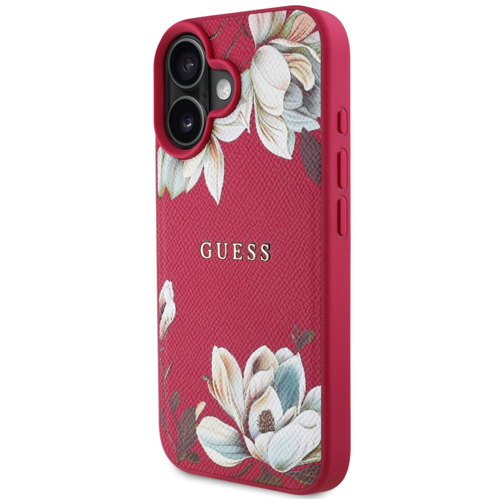 MagSafe Hülle für Apple iPhone 16, Guess, Grained Flowers, Fuchsia