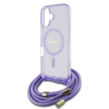 MagSafe Hülle für Apple iPhone 16, Guess, IML Crossbody Cord Script, Lila
